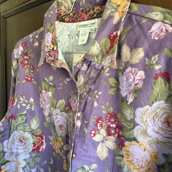 NWT Coldwater Creek Purple Floral Cotton Flannel Button Up Shirt Large - Picture 2 of 5